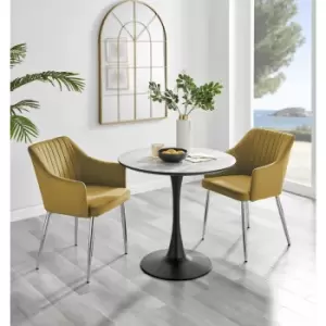 Image of Furniturebox UK - Furniturebox Elina White Marble Effect Modern 80cm Round Dining Table & 2 Mustard Calla Silver Leg Velvet Chairs