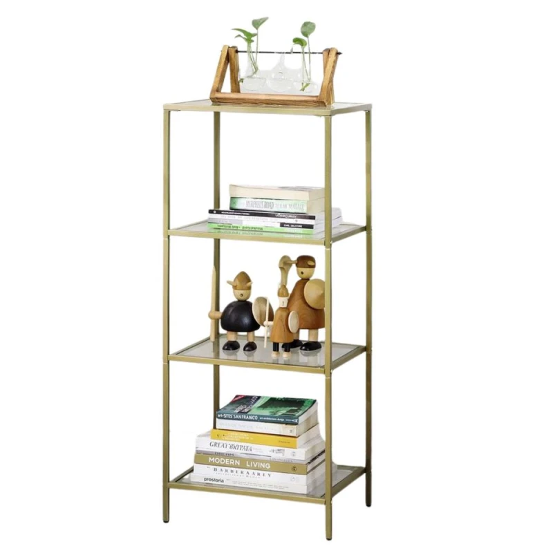 Image of Pirlo Plush 4 Tier Tempered Glass Storage Shelving Unit Gold Gold Unisex