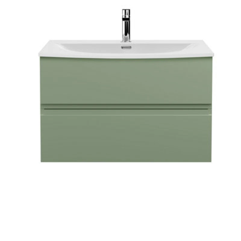 Image of Nuie Hudson Reed Urban Wall Hung 2 Drawer Vanity Unit With Curved Ceramic Basin, Modern Bathroom Furniture In Satin Green, 800mm