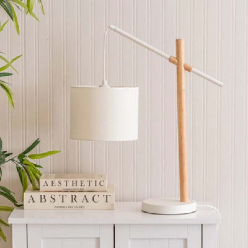 Image of ValueLights Adrianna Wooden Hanging Table Lamp with White Drum Lamp Shade Natural