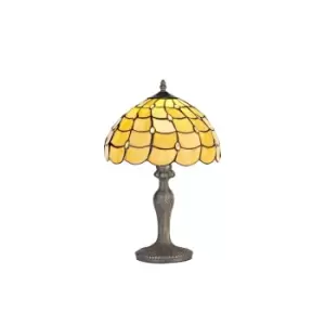 Image of 1 Light Curved Table Lamp E27 With 30cm Tiffany Shade, Beige, Clear Crystal, Aged Antique Brass