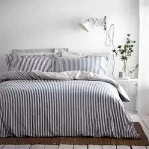Image of The Linen Yard Hebden Stripe Melange Print 100% Cotton Reversible Duvet Cover Set, Blue/Grey/Natural, Double