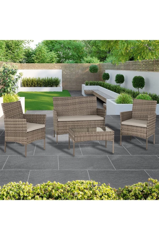 Image of Seconique Willow 4Pc Garden Set - Grey Rattan/Grey Fabric/Clear Glass, Grey 700-701-002