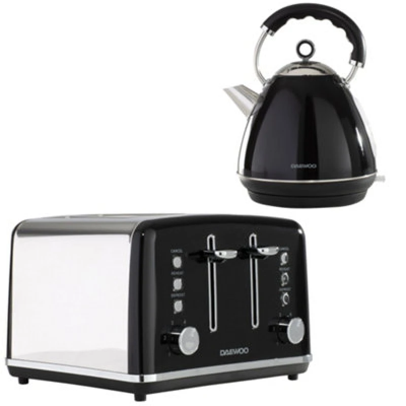 Image of Daewoo Daewoo 'Kensington' Range Retro Matching Toaster and Kettle Set 1.7 Litre Rapid Boil 4 Slice Vintage Combo Bundle Pack Stainless Steel in Black