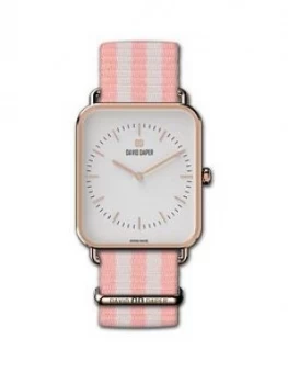 Image of David Daper David Daper White And Rose Gold 34Mm Tank Dial White And Pink Stripe Nato Strap Watch