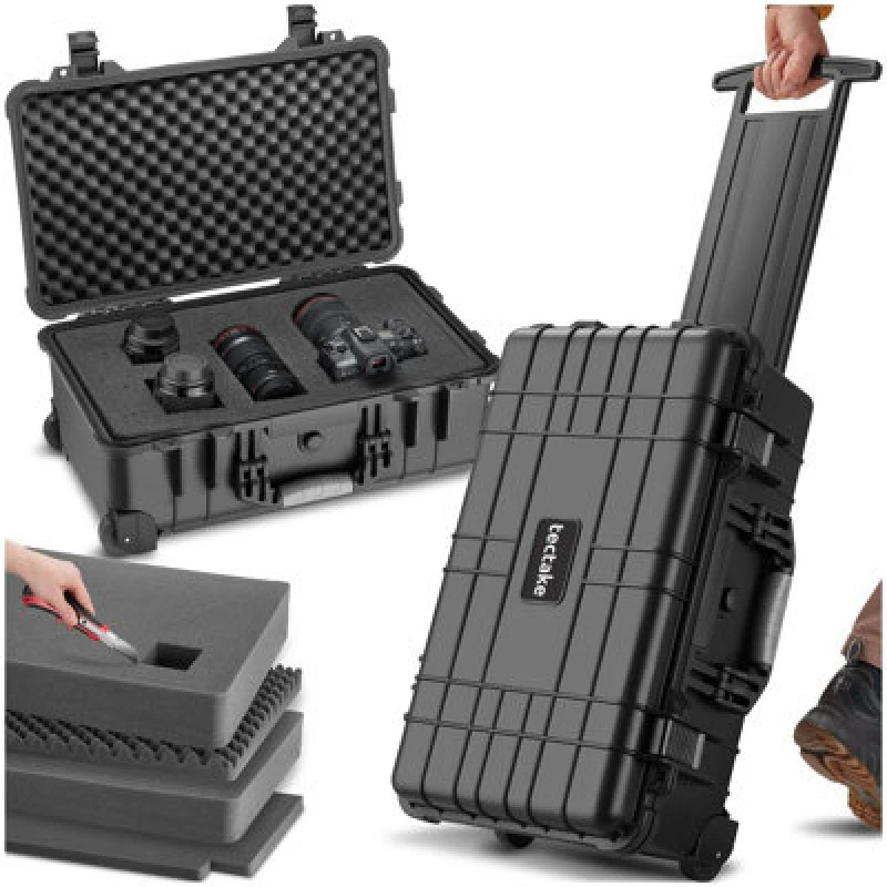 Image of Tectake Camera Case - Hard Shell, Foam Inserts, Waterproof, Telescopic Handle M - Black