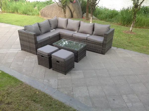 Image of Fimous 6 Seater Outdoor Dark Grey Rattan Lounge Complete Sofa Set with Rectangular Coffee Table and 2 Stools