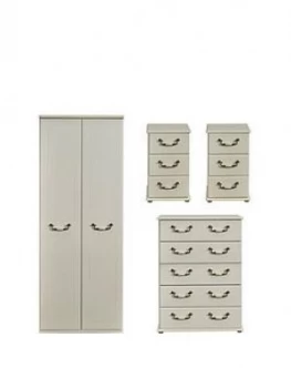 Image of Swift Broadway Ready Assembled 4 Piece Package - 2 Door Wardrobe, 5 Drawer Chest And 2 Bedside Chests