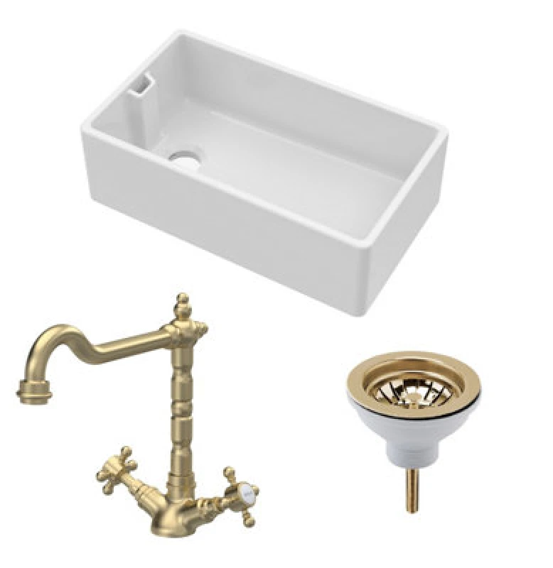 Image of Balterley Fireclay 1 Bowl Belfast Sink Strainer Waste Tap Brushed Brass 795mm White unisex