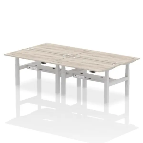 Image of Air Air Back-to-Back 1400 x 800mm Height Adjustable 4 Person Bench Desk Grey Oak Top with Cable Ports Silver Frame HASCP4P14800GRYS