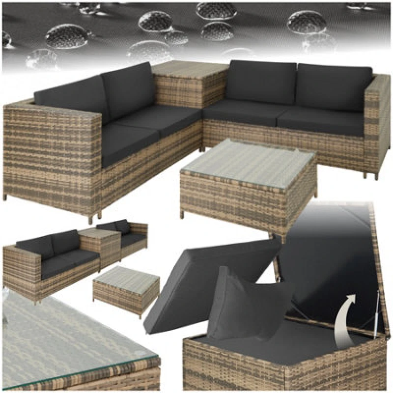 Image of Tectake Garden Furniture Set Siena - For 4 People, With Large Storage Box, Thick Seat Cushions - Nature/dark Grey