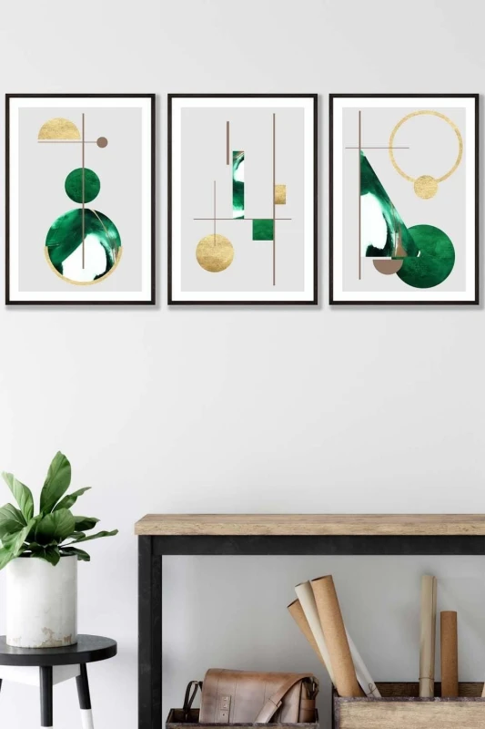 Image of ARTZE Abstract Textured Geometric Art in Green & Gold Framed Wall Art - Medium in Black Size: W45cm x H62cm x D20mm Black Unisex W45cm x H62cm x