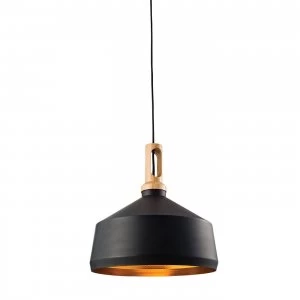 Image of 1 Light Dome Ceiling Pendant Matt Black, Light Effect Wood, E27