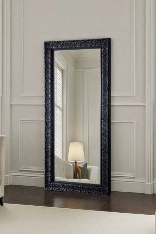 Image of Yearn Mirrors Yearn Mirrors Carved Framed Bevelled Tall Mirror Black 138x62cm Black One Size Unisex 0756406340867