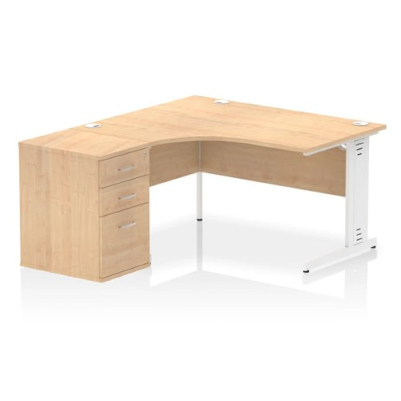 Image of Impulse Impulse 1400mm Left Crescent Office Desk Maple Top White Cable Managed Leg Workstation 600 Deep Desk High Pedestal IWSLW146WMPE