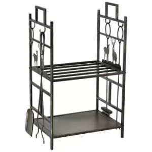 Image of Outsunny 2-tier Wrought Iron Firewood Holder With 4 Tools Handles Heavy Duty Rack