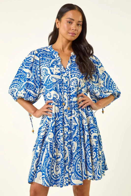 Image of Roman Womens Petite Print Button Smock Dress in Royal Size: 12 Royal Female 12