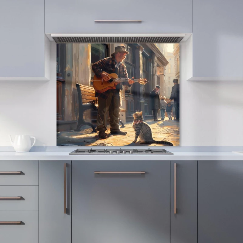 Image of Warren Reed - Designer Busker's Melody & the Cat Kitchen Splashback Size: 900mm x 650mm Multicolor Unisex 900mm x 650mm