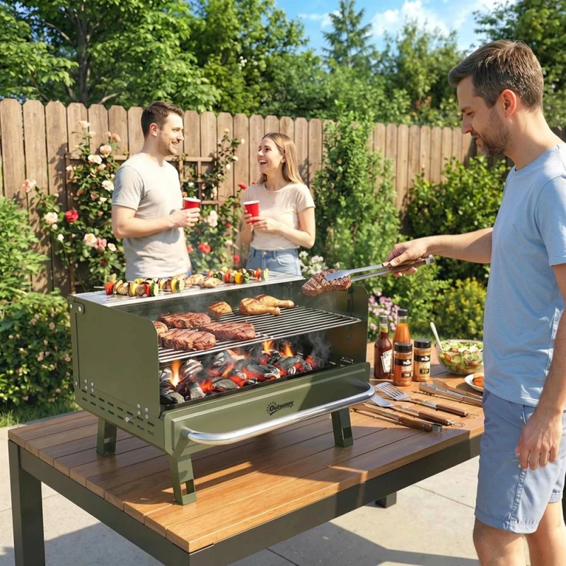 Image of OUTSUNNY Portable Barbecue Grill with Adjustable Grates for Camping in Green Green Unisex