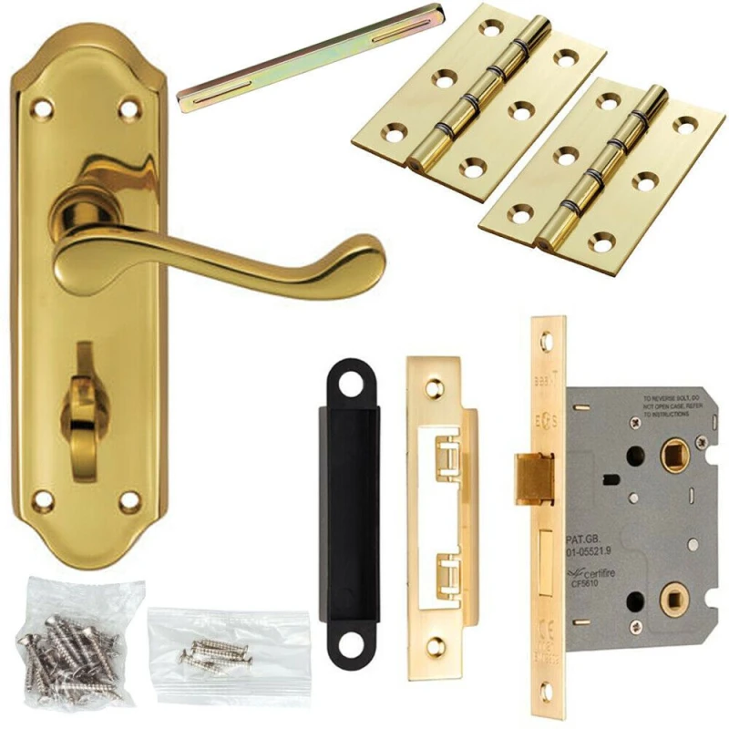 Image of Loops Door Handle & Bathroom Lock Pack Brass Victorian Scroll Lever Turn Backplate Metallics