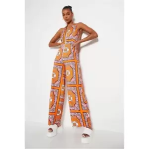 Image of I Saw It First Orange Woven Scarf Print Zip Front Wide Leg Jumpsuit - Orange