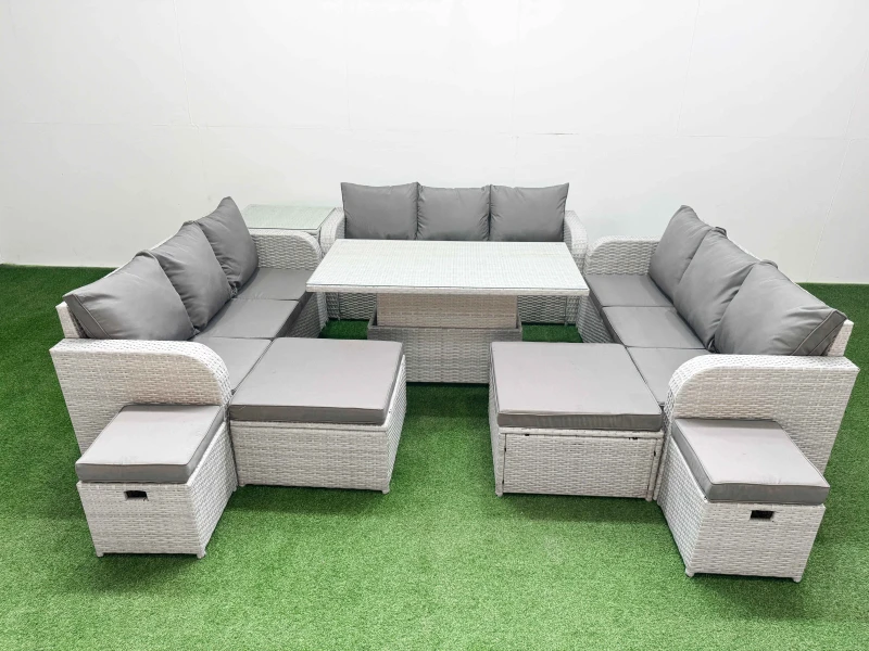 Image of Fimous 8 Pieces Garden Rising Dining Table High Back Inclining Sofa Sets in Light Grey Light Grey Unisex