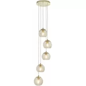 Image of Satin Brass 5 Light Ceiling Pendant Fitting & Campagne Dimpled Glass Shades