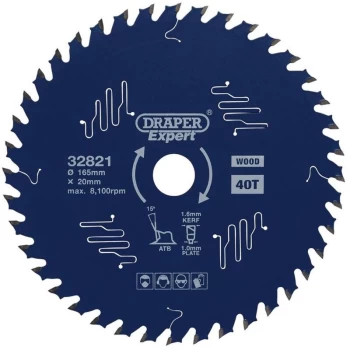 Image of 32821 Expert TCT Circular Saw Blade for Wood with PTFE Coating 165 x 20mm 40T - Draper