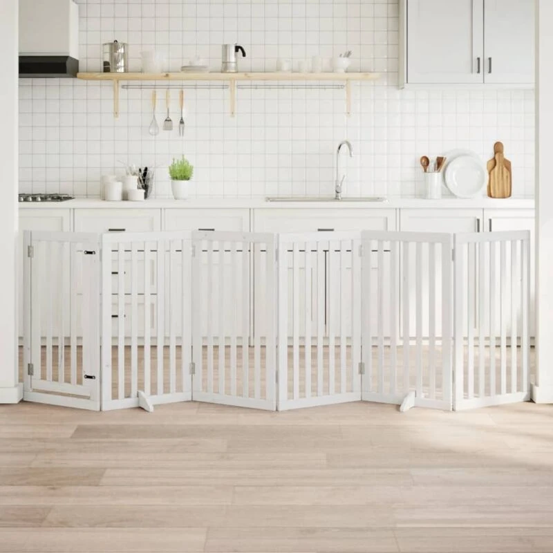 Image of vidaXL Dog Gate with Door Foldable 6 Panels White 300cm Poplar Wood, White 352247