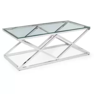 Image of X Frame Coffee Table Clear Glass Chrome Metal Frame - Hessle