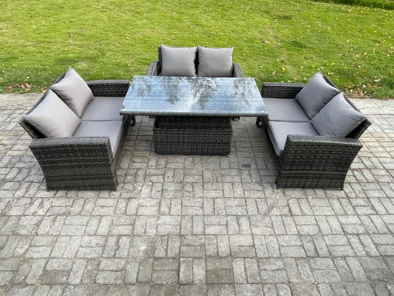 Image of Fimous 6 Seater Rattan Wicker Garden Furniture Patio Conservatory Sofa Set with Height Adjustable Rising Lifting Table in Dark Grey Dark Grey Unisex