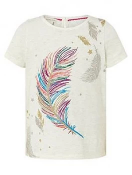 Image of Monsoon Girls Feather Graphic T-Shirt - Oatmeal