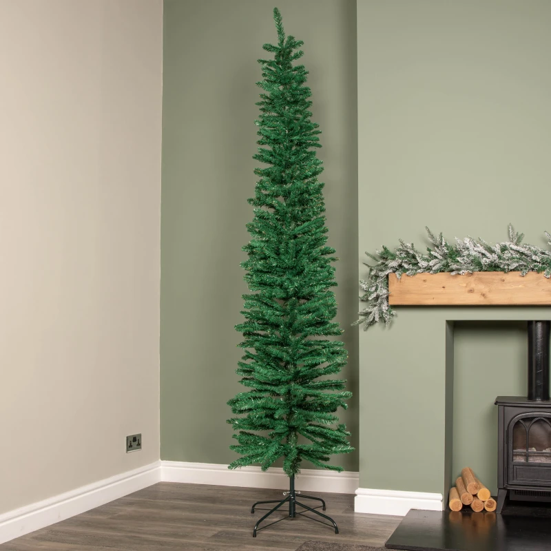 Image of 8ft (2.4m) Green Artificial Pencil Christmas Tree With Green Metal Stand and 460 Tips