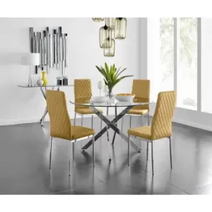 Image of Furniturebox UK - Furniturebox Novara 120cm Round Dining Table and 4 Mustard Milan Velvet Dining Chairs Diamond Stitch Modern Contemporary Chrome