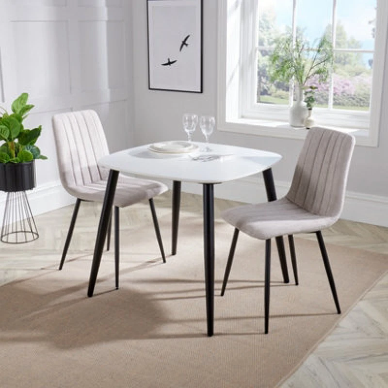 Image of Core Products Aspen White 80Cm Square Dining Table With 2 Natural Fabric Straight Stitch Design Chairs