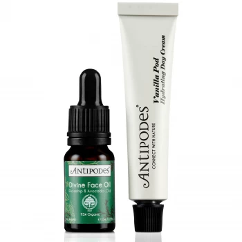 Image of Antipodes Moisture Boost MINIs (Divine Face Oil Avocado Oil & Rosehip 10ml Vanilla Pod Hydrating Day Cream 15ml)