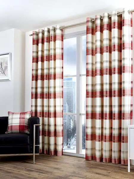Image of Fusion Balmoral Check 100% Cotton Eyelet Lined Curtains, Ruby, 66 x 72" - Fusion BCKRB66726LZU