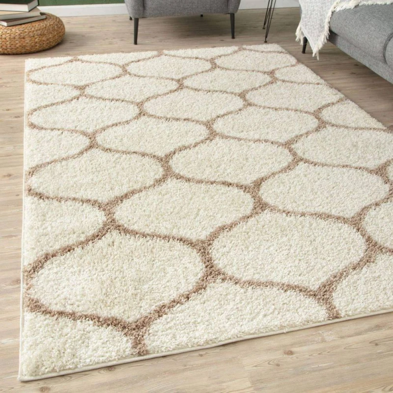 Image of THE RUGS Soft Trellis Shaggy Rugs & Runners Ivory & Beige Living Room Size: 80cm x 300cm Beige Unisex 80cm x 300 cm