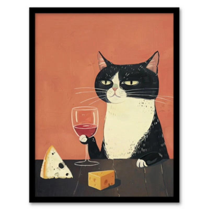Image of Artery8 Tuxedo Cat Drinking Wine Cheese Painting For Kitchen Framed Wall Art Print