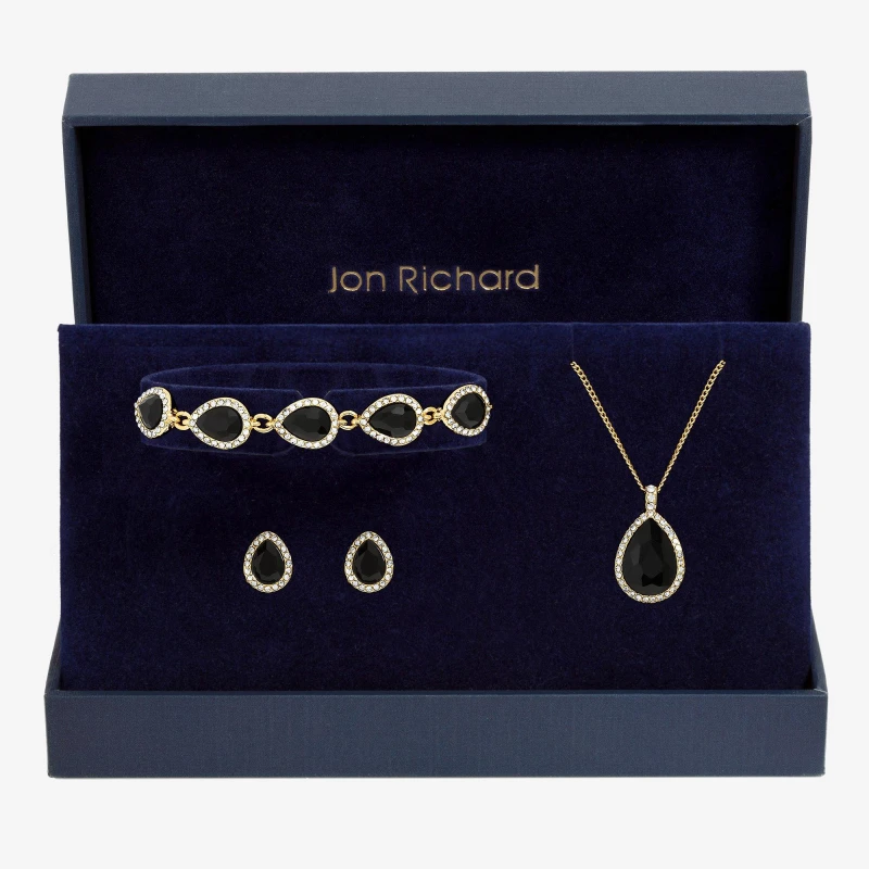 Image of Jon Richard Gold Plated and Jet Pear Drop Trio Set - Gift Box Gold female One Size