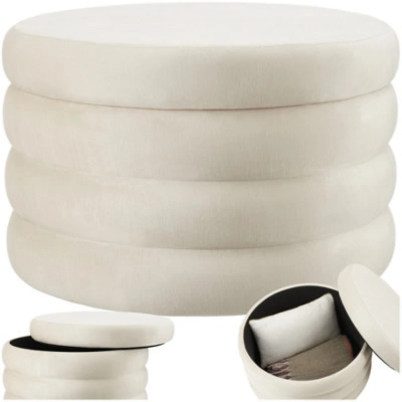 Image of Tectake Footstool Altu Xl - With Storage, Cylinder Shape, Plush Upholstery, 67 X 42cm - Velvet Look Cream-White, 1
