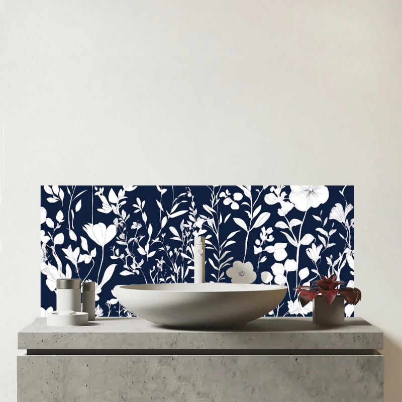 Image of Warren Reed - Designer Blue & White Floral Silhouette Glass Bathroom Splashback Multicolor Unisex
