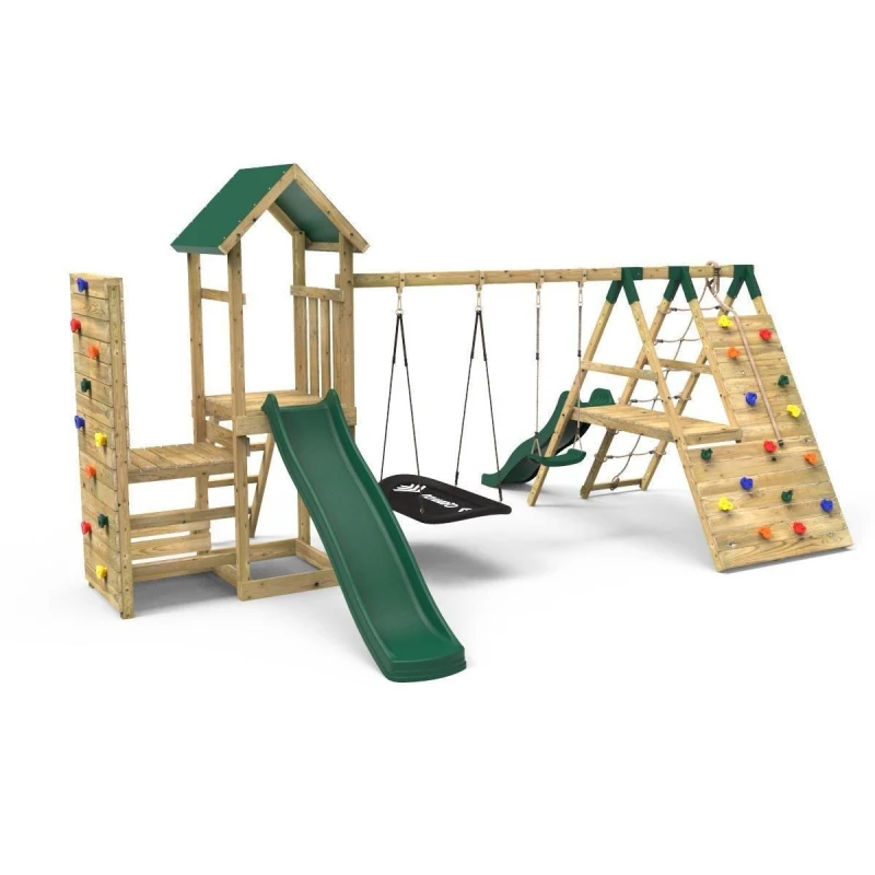 Image of Rebo Wooden Climbing Frame with Swings, Climbing Walls and Slide - San Luis Green Green