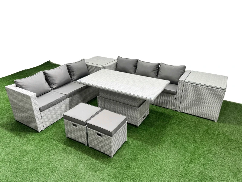 Image of Fimous 7 PCs Rising Dining Table Set Rattan Furniture Set with 3 Seater Sofa in Light Grey Light Grey Unisex
