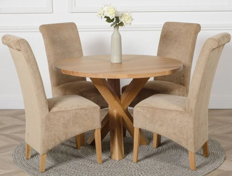 Image of Thats Furniture Oregon Round Oak Dining Table & 4 Montana Fabric Chairs in Beige Beige Unisex