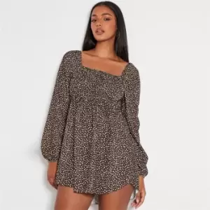 Image of I Saw It First Square Neck Puff Sleeve Mini Dress - Brown