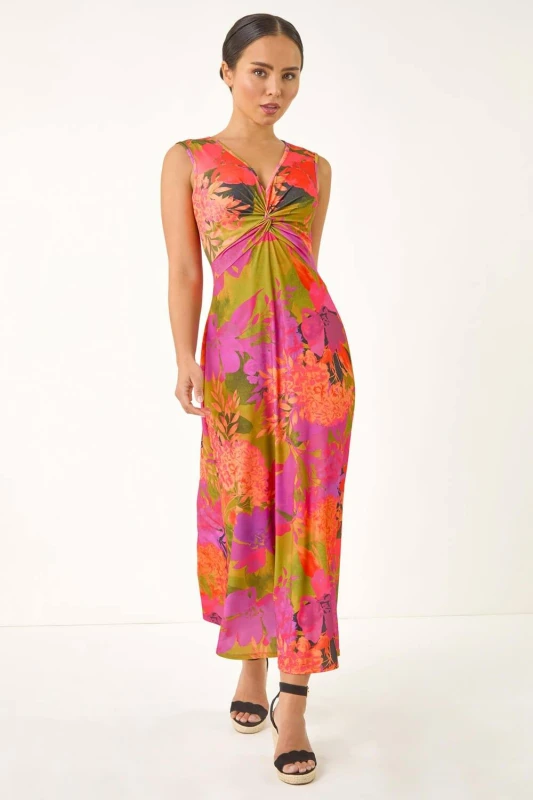 Image of Roman Womens Petite Floral Twisted Stretch Maxi Dress in Orange Size: 10 Orange Female 10