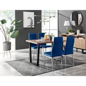 Image of Furniture Box Kylo Brown Wood Effect Dining Table and 4 Navy Velvet Milan Chairs