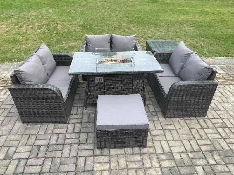 Image of Fimous Rattan Outdoor Garden Furniture Sofa Set Gas Fire Pit Dining Table Gas Heater with Side Table Love Sofa Big Footstool Dark Grey