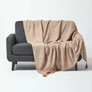 Image of Cotton Rajput Ribbed Beige Throw, 225 x 255cm - Natural - Homescapes